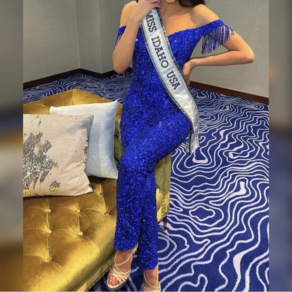 Sparkly blue jumpsuit alternative prom dress, pageant fun fashion runway talent
